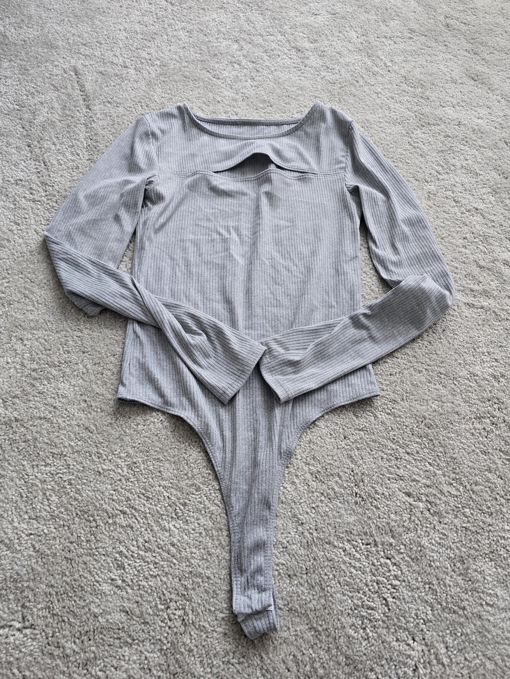Long Sleeve Grey Ribbed Bodysuit with Front Cutout